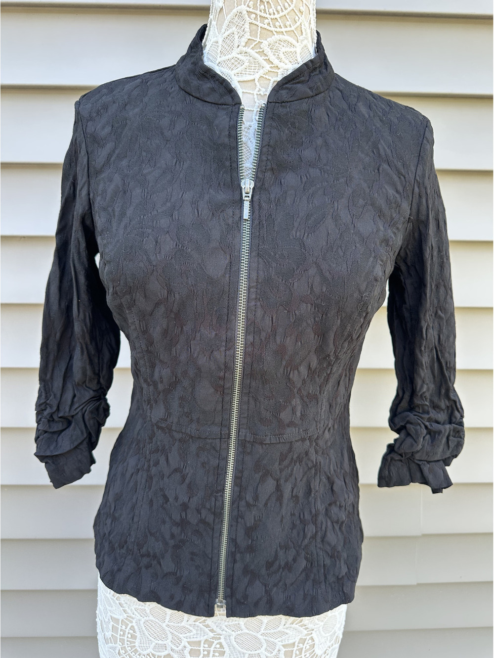 Tribal Black Textured Zip Up Jacket with Ruched Sleeves